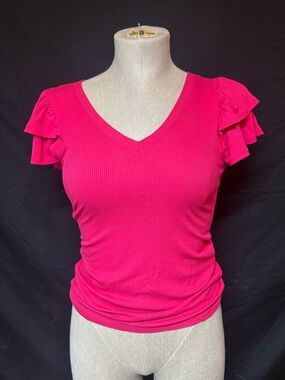 Women's V-Neck Ruffle Sleeve Top - Hot Pink